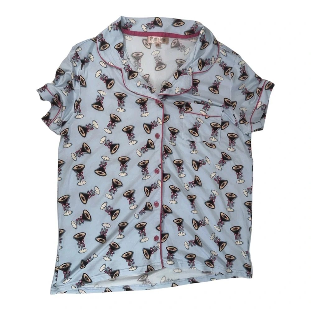 Haute Dreamz Blue Cocktail Martini Print Pajama Sleepwear Set Womens Size M